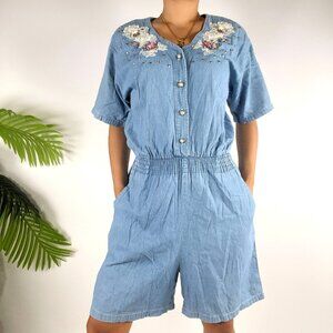Vintage 80s/90s Blue Jean Denim Romper Embroidered Floral Short Sleeve Playsuit